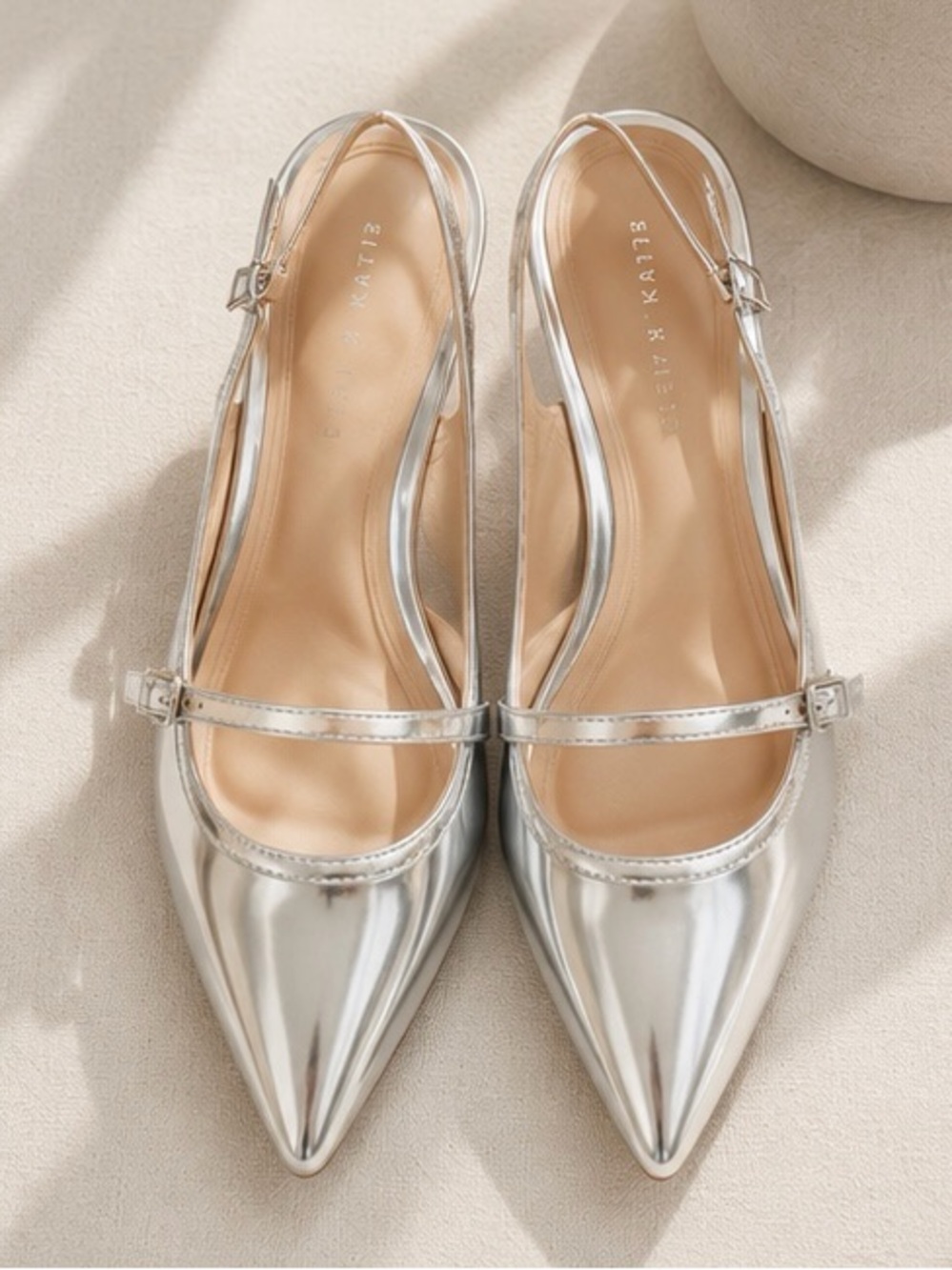 Metallic Silver Pointed Slingback Heels